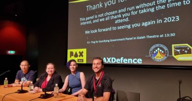 Defence scientists Mr Alex Rohl, right, and Dr Susannah Whitney, second from left, feature on a panel at PAX Aus 2022. Story by Sophie Calabretto.