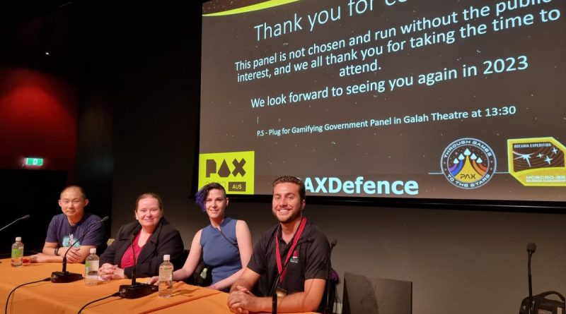 Defence scientists Mr Alex Rohl, right, and Dr Susannah Whitney, second from left, feature on a panel at PAX Aus 2022. Story by Sophie Calabretto.