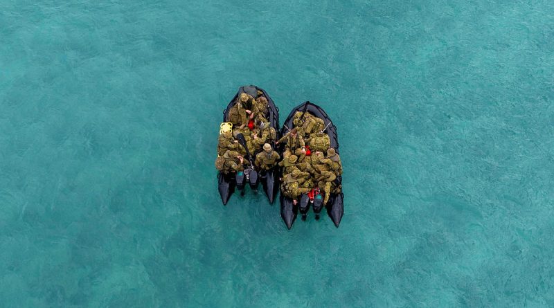 Soldiers from Regional Force Surveillance Unit on Operation Resolute, regroup while conducting water patrols on Maret Island remote Western Australia. Story by Captain Lily Charles. Photo by Jarrod McAneney.