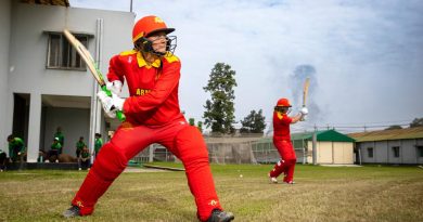 Sergeant Melissa Campbell warms up for a match against the Bangladesh Institute of Sport's Women's Under 19's Cricket Team, during Indo-Pacific Endeavour 2022 in Dhaka, Bangladesh. Story by Flying Officer Lily Lancaster. Photo by Sergeant David Said.