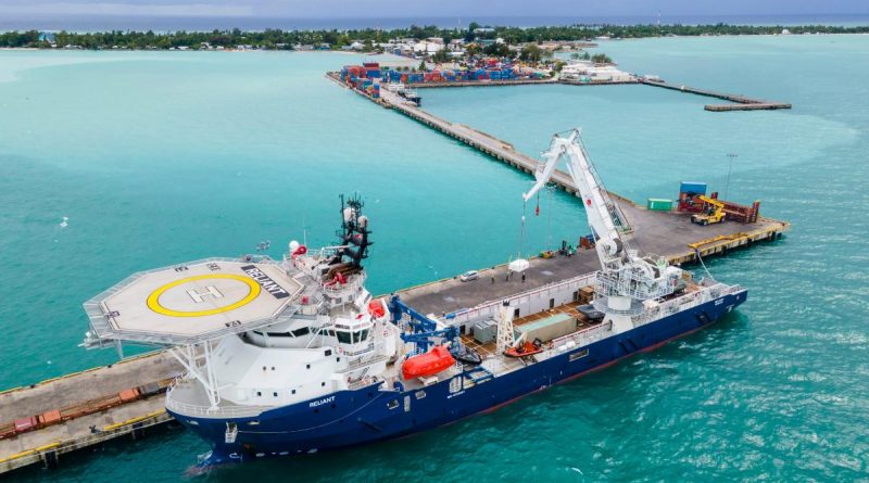 Australian Defence Vessel Reliant alongside at Betio Port in Kiribati to unload disaster relief stores. Story by Petty Officer Jake Badior. Photo by Lieutenant Commander BJ Glover.
