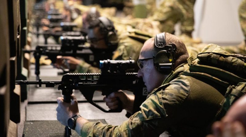 Captain Harrison Keynes from 17th Sustainment Brigade undertakes Combat Marksmanship Continuum at the Weapon Training Simulation System facility at Holsworthy Barracks. Story by Captain Andrew Page. Photo by Captain Thomas Kaye.