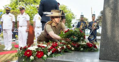 Personnel from HMA Ships Adelaide and Anzac attend a commemorative service for Canadian aviators who lost their lives in World War II defending Ceylon (now Sri Lanka), held at Koggala Air Force Base, Colombo, during Indo-Pacific Endeavour 2022. Story by Lieutenant Emma Anderson. Photo by Leading Seaman Sittichai Sakonpoonpol.