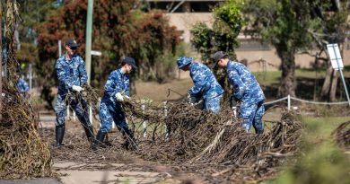 From left, Aircraftman Haydn Mcgovern, Aircraftwoman Ellenah Wall, Sergeant Adam Thomas and Leading Aircraftman Frank Schinella help clean Duck Park in Moree, NSW, after the recent flood events. Story by Flight Lieutenant Rob Hodgson. Photo by Leading Aircraftman Samuel Miller.