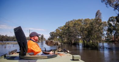 Local State Emergency Service and Country Fire Authority conduct route reconnaissance of flood affect areas in Echuca, in an Army Bushmaster protected mobility vehicle. Story by Captain Joanne Leca. Photo by Corporal Cameron Pegg.