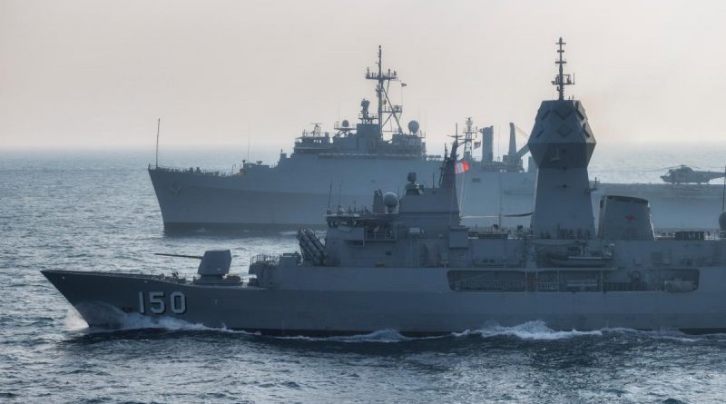 HMAS Anzac sails alongside Indian Navy ship Jalashwa during Indo-Pacific Endeavour 2022. Story by Flying Officer Brent Moloney. Photo by Leading Seaman Sittichai Sakonpoonpol.