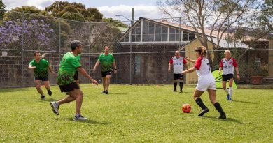 Army and Fire and Rescue NSW personnel play a game of soccer during the Emergency Services Movember Sports event in Sydney. Story by Captain Mike Edwards. Photo by Sergeant Nunu Campos.