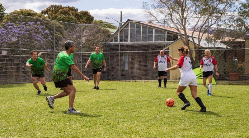 Army and Fire and Rescue NSW personnel play a game of soccer during the Emergency Services Movember Sports event in Sydney. Story by Captain Mike Edwards. Photo by Sergeant Nunu Campos.
