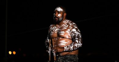 Able Seaman Boatswains Mate Jorde Lenoy conducts an Indigenous welcome ceremony during an official reception on board HMAS Hobart in Yokosuka, Japan. Story by Lieutenant Brendan Trembath. Photo by Leading Seaman Daniel Goodman.