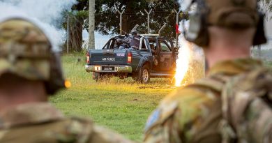 Air Force Airfield Defence Guards from 2 Security Forces Squadron watch a quick reaction force demonstration by the Royal Malaysian Air Force Security Squadron. Story and photo by Sergeant Ben Dempster.