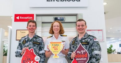 HMAS Encounter Commanding Officer Commander Emma McDonald-Kerr, centre, with Midshipmen Benjamin Blackwell and Max Marriott at the Red Cross Lifeblood Centre, Adelaide. Story by Leading Seaman Jeremy Rendell. Photo by Leading Aircraftman Sam Price.