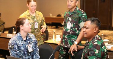 From left, Flight Lieutenant Stephanie Freeman, Captain Bianca Potter, Lieutenant Colonel Bayu Widaji and Major Rizka Budiman discuss joint logistics during Exercise Nusa Bhakti. Story and photo by Major Martin Hadley.