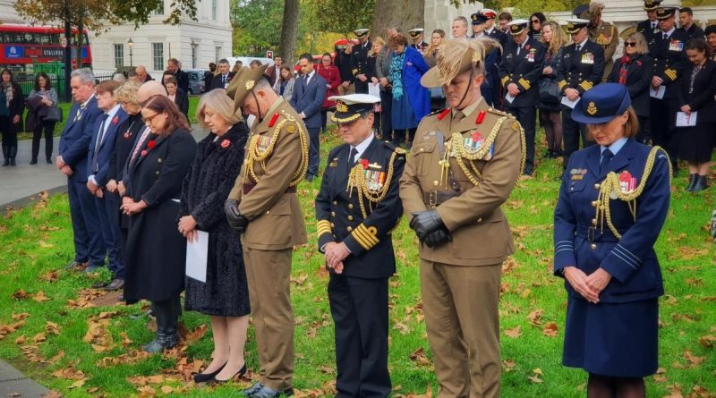 Pausing for two minutes silence during the Remembrance Day service at the Australian War Memorial at Hyde Park Corner, London. Story and photo by Lieutenant Commander John A Thompson.