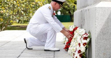 Maritime Task Group Commander Commodore Mal Wise lays a wreath at the Cenotaph War Memorial Park in Singapore. Story by Flying Officer Brent Moloney. Photo by Leading Seaman Sittachai Sakonpoonpol.