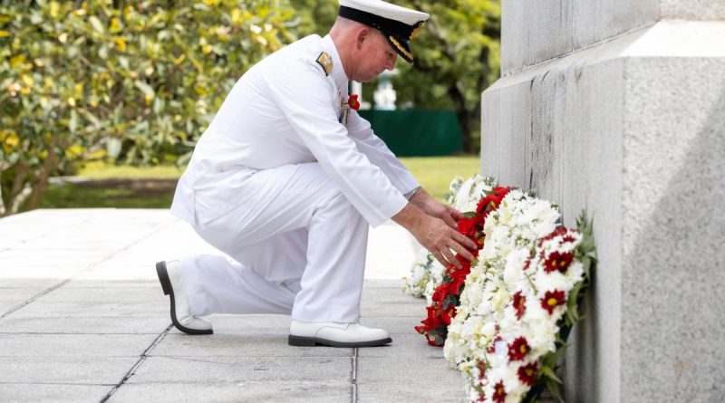 Maritime Task Group Commander Commodore Mal Wise lays a wreath at the Cenotaph War Memorial Park in Singapore. Story by Flying Officer Brent Moloney. Photo by Leading Seaman Sittachai Sakonpoonpol.