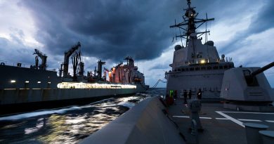 USNS Rappahannock, left, conducts a replenishment at sea with HMAS Hobart during Exercise Keen Sword. Story by Lieutenant Brendan Trembath. Photo by Leading Seaman Daniel Goodman.