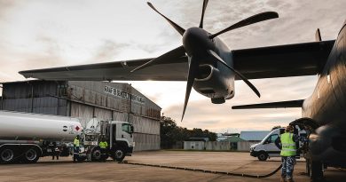 Personnel from 19 Squadron and 35 Squadron refuel a C-27J Spartan at RMAF Butterworth Air Base, Malaysia. Story by Flight Lieutenant Bronwyn Marchant. Photo by Leading Aircraftman Adam Abela.