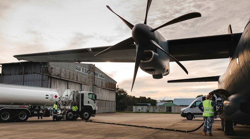 Personnel from 19 Squadron and 35 Squadron refuel a C-27J Spartan at RMAF Butterworth Air Base, Malaysia. Story by Flight Lieutenant Bronwyn Marchant. Photo by Leading Aircraftman Adam Abela.