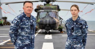 Wing Commander Peter Milier, left, and Leading Aircraftwoman Carly Best are two of the 20 RAAF members serving on board HMAS Adelaide for Indo-Pacific Endeavour 2022. Story by Lieutenant Emma Anderson. Photo by Leading Seaman Sittichai Sakonpoonpol.