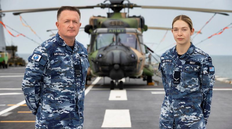 Wing Commander Peter Milier, left, and Leading Aircraftwoman Carly Best are two of the 20 RAAF members serving on board HMAS Adelaide for Indo-Pacific Endeavour 2022. Story by Lieutenant Emma Anderson. Photo by Leading Seaman Sittichai Sakonpoonpol.