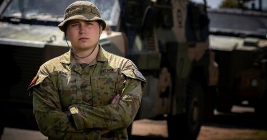 Royal Australian Air Force Leading Aircraftman Morgan King is driving a Bushmaster protected mobility vehicle in support of the flood effort in his home territory of Eugowra, NSW. Story buy Major Martin Hadley. Photo by Corporal Madhur Chitnis.