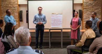 Corporal Carlos Linares Fernandez, left, Flying Officer Marco Kall, Leading Aircraftwoman Sonia Gomez Lopez and Sergeant Yuhang Ding participate in a workshop held at Brindabella Park, Canberra. Story by Squadron Leader Jessica Aldred. Photo by Leading Aircraftman Adam Abela.