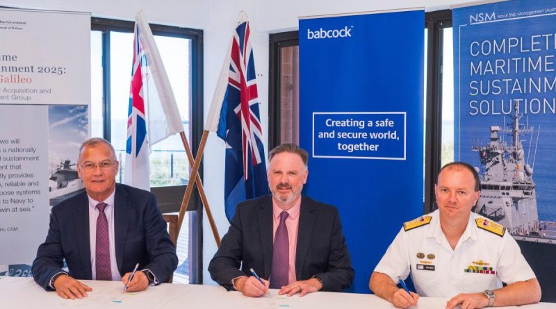 Babcock Australasia’s CEO David Ruff, left, and Managing Director – Defence Andy Davis with Director General Major Surface Ships Commodore Brad Smith during the contract signing ceremony in Western Australia. Photo by Simon Casson.