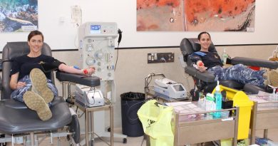 464 Squadron public affairs officers, Flight Lieutenants Kate Davis, left, and Steffi Blavius donate blood at a Red Cross Lifeblood Donation Centre in Melbourne as part of the Defence Blood Challenge. Photo supplied.