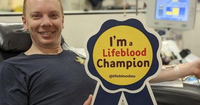 Flight Lieutenant Samuel Edwards being officially declared a Lifeblood Champion after making his 50th blood donation in Melbourne as part of the Defence Blood Challenge. Story by John Noble.