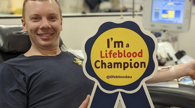 Flight Lieutenant Samuel Edwards being officially declared a Lifeblood Champion after making his 50th blood donation in Melbourne as part of the Defence Blood Challenge. Story by John Noble.