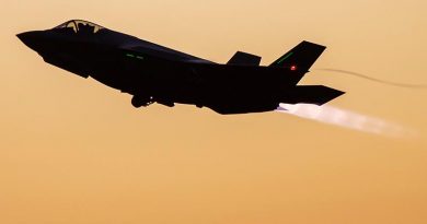 Joint Strike fighter A35-11 departs for a night sortie from RAAF Base Williamtown. Photo by Corporal Craig Barrett.