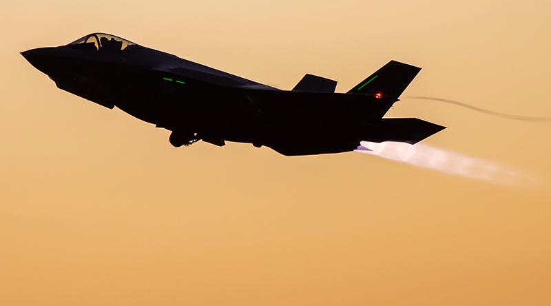 Joint Strike fighter A35-11 departs for a night sortie from RAAF Base Williamtown. Photo by Corporal Craig Barrett.