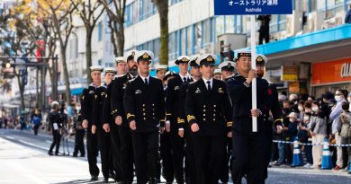 Royal Australian Navy personnel from HMA Ships Hobart, Stalwart and Farncomb march during the International Fleet Review 2022 parade in Yokosuka, Japan. Story by Lieutenant Brendan Trembath. Photos by Leading Seaman Daniel Goodman.