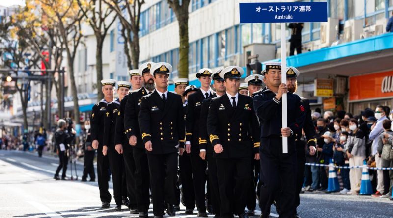 Royal Australian Navy personnel from HMA Ships Hobart, Stalwart and Farncomb march during the International Fleet Review 2022 parade in Yokosuka, Japan. Story by Lieutenant Brendan Trembath. Photos by Leading Seaman Daniel Goodman.