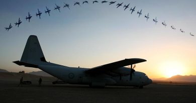 A C-27J Spartan pulls a small-plane manoeuvre at Avalon Airshow and a RAAF C-130 Hercules on the ground at Tarin Kowt, Afghanistan. Photos by Brian Hartigan.