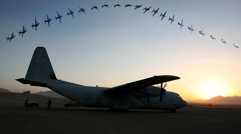 A C-27J Spartan pulls a small-plane manoeuvre at Avalon Airshow and a RAAF C-130 Hercules on the ground at Tarin Kowt, Afghanistan. Photos by Brian Hartigan.