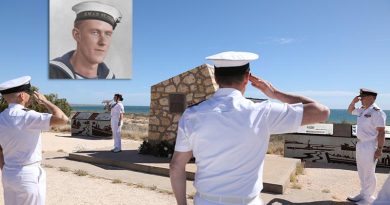 Chief of Navy Vice Admiral Mark Hammond, Commander Maritime Border Command Rear Admiral Justin Jones and Lieutenant Commander Jared Webb salute as the Last Post is played at the memorial service to commemorate Able Seaman Thomas Welsby Clark (inset) and the rest of the crew of HMAS Sydney (II), which was sunk off the coast of Western Australia on 19 November 1941. Photo by Petty Officer Bradley Darvill.