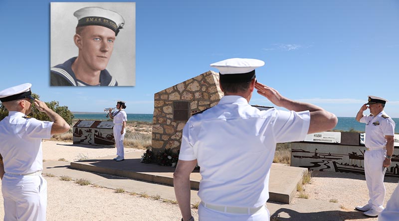 Chief of Navy Vice Admiral Mark Hammond, Commander Maritime Border Command Rear Admiral Justin Jones and Lieutenant Commander Jared Webb salute as the Last Post is played at the memorial service to commemorate Able Seaman Thomas Welsby Clark (inset) and the rest of the crew of HMAS Sydney (II), which was sunk off the coast of Western Australia on 19 November 1941. Photo by Petty Officer Bradley Darvill.