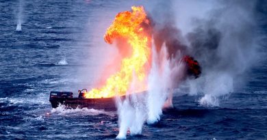 HMS Medway crew us a drug-smuggler's boat for target practice after seizing 400kg of cocaine in the Caribbean. UK MoD. photo.