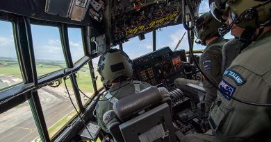 A Royal New Zealand Air Force C-130H flys over RNZAF Base Ohakea during Tactical Exercise 22. RNZAF photo.