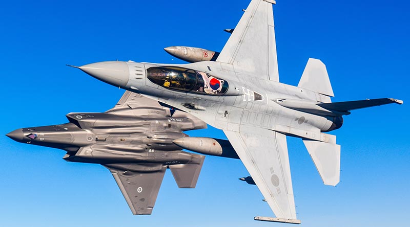 Republic of Korea Air Force KF-16U Fighting Falcon and Royal Australian Air Force F-35A Lightning II conduct a flight together during Exercise Pitch Black 2022. ROKAF photo.