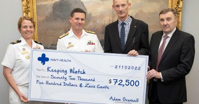 From left, former Warrant Officer of the Navy Deb Butterworth and Chief of Navy Vice Admiral Mark Hammond are presented with a donation to Keeping Watch from Director Navy Health Commodore Michael Miko and CEO of Navy Health Mr Ron Wilson. Photo by Petty Officer Bradley Darvill.