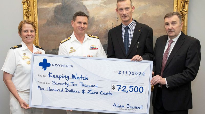 From left, former Warrant Officer of the Navy Deb Butterworth and Chief of Navy Vice Admiral Mark Hammond are presented with a donation to Keeping Watch from Director Navy Health Commodore Michael Miko and CEO of Navy Health Mr Ron Wilson. Photo by Petty Officer Bradley Darvill.