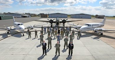 32 Squadron and Squadron Leader (retd) Ted McConchie with a 100 Squadron Lockheed Hudson aircraft and 32 Squadron B350 King Air aircraft. Story by Flying Officer Ellis Mitchell. Photo by Petty Officer Richard Prideaux.