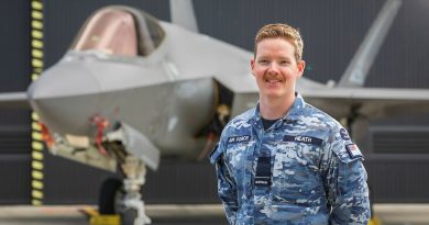 Logistics Officer, Flying Officer Jeremy Heath in front of an F-35A Lightning II at RAAF Base Williamtown. Story by Flight Lieutenant Bronwyn Marchant. Photo by Corporal Craig Barrett.