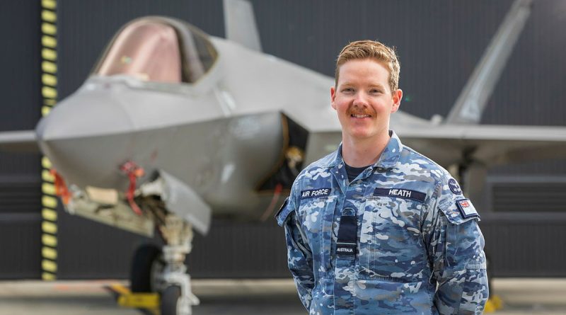 Logistics Officer, Flying Officer Jeremy Heath in front of an F-35A Lightning II at RAAF Base Williamtown. Story by Flight Lieutenant Bronwyn Marchant. Photo by Corporal Craig Barrett.