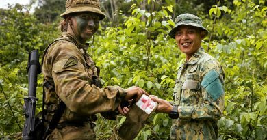 Private Kirsty Joyce, from Rifle Company Butterworth Rotation 137, swaps patches with a Royal Brunei Land Force Medic from the 3rd Battalion. Story by Captain Diana Jennings. Photos by Bombardier Guy Sadler.