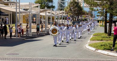 Commanding Officer 816 Squadron Commander Lee Pritchard and members of 816 Squadron march through the streets of Caloundra. All photos byAble Seaman Benjamin Ricketts.