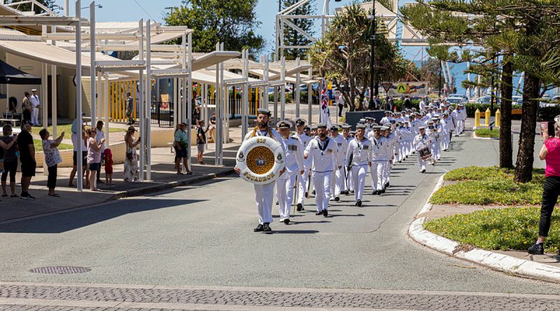 Commanding Officer 816 Squadron Commander Lee Pritchard and members of 816 Squadron march through the streets of Caloundra. All photos byAble Seaman Benjamin Ricketts.