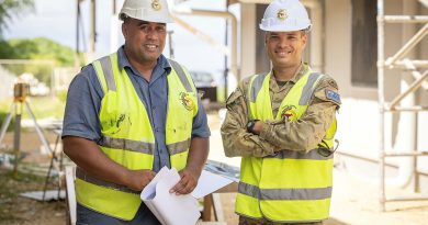 Australian Army engineer Captain Lachlan Attard, right, with site supervisor Mr John Tokataake at the Vanuatu Police Force's Cook Barracks redevelopment site in Port Vila. Story by Captain Dan Glover. Photo by Corporal Jonathan Goedhart.